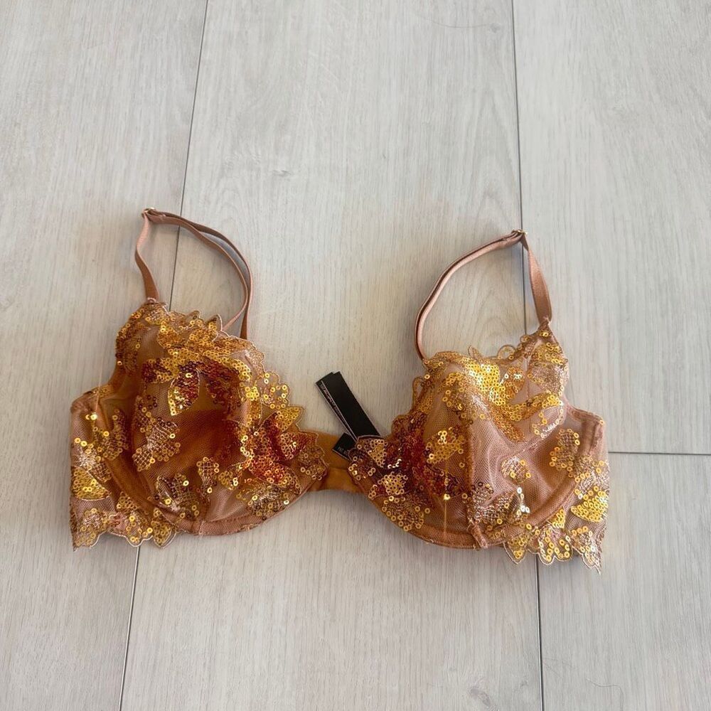 Victoria’s Secret Gold Sequined Ziggy Glam Floral Embroidery Low-Cut Demi Bra si
